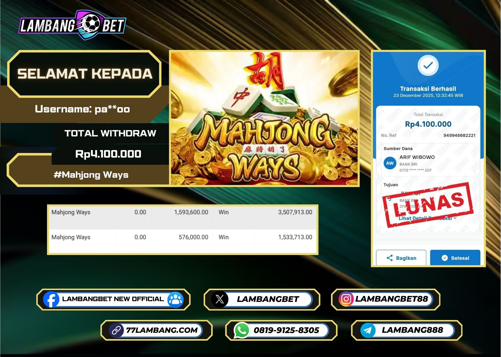 LAMBANGBET [23 DESEMBER 2025] JACKPOT SLOT Mahjong Ways "Rp4.100.000" LUNAS